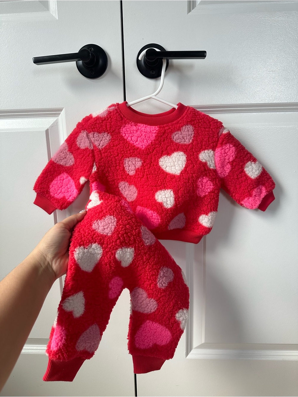 Primark Red Sherpa Pajama Set with Pink and White Hearts